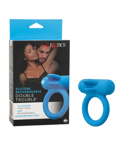 CalExotics Couple's Enhancer Silicone Rechargeable Double Trouble Enhancer with Flickering Dual Teasers - Blue Vibrators