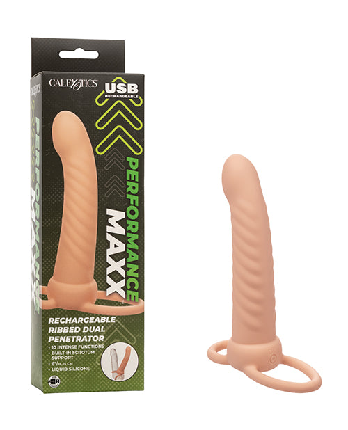 California Exotic Novelties Performance Maxx Rechargeable Ribbed Dual Penetrator - Ivory Vibrators