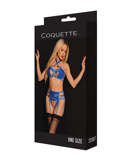 Coquette International Black Label Underwire Bra W/choker, Garterbelt &amp; G-string Blue O/s Lingerie &amp; Costumes