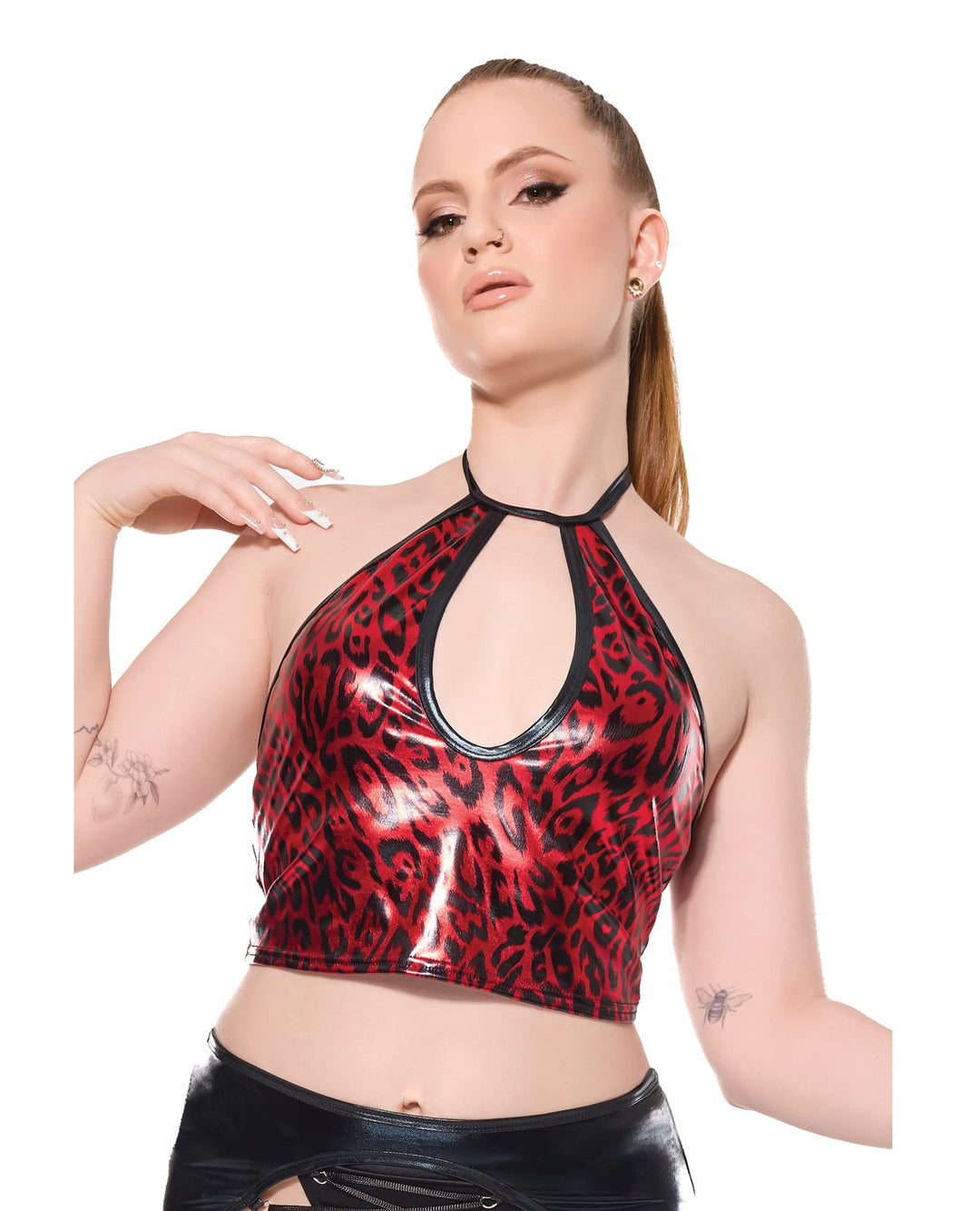 Coquette International Darque Metallic Wet Look Keyhole Halter Top - Red/Black Large Lingerie &amp; Costumes