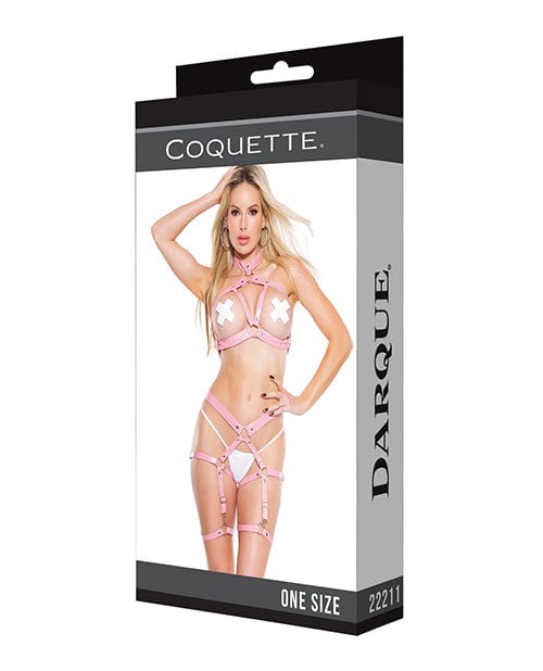 Coquette International Darque Pvc Harness Open Cup Halter Top &amp; Garter Leg Bands Pink Os Lingerie &amp; Costumes