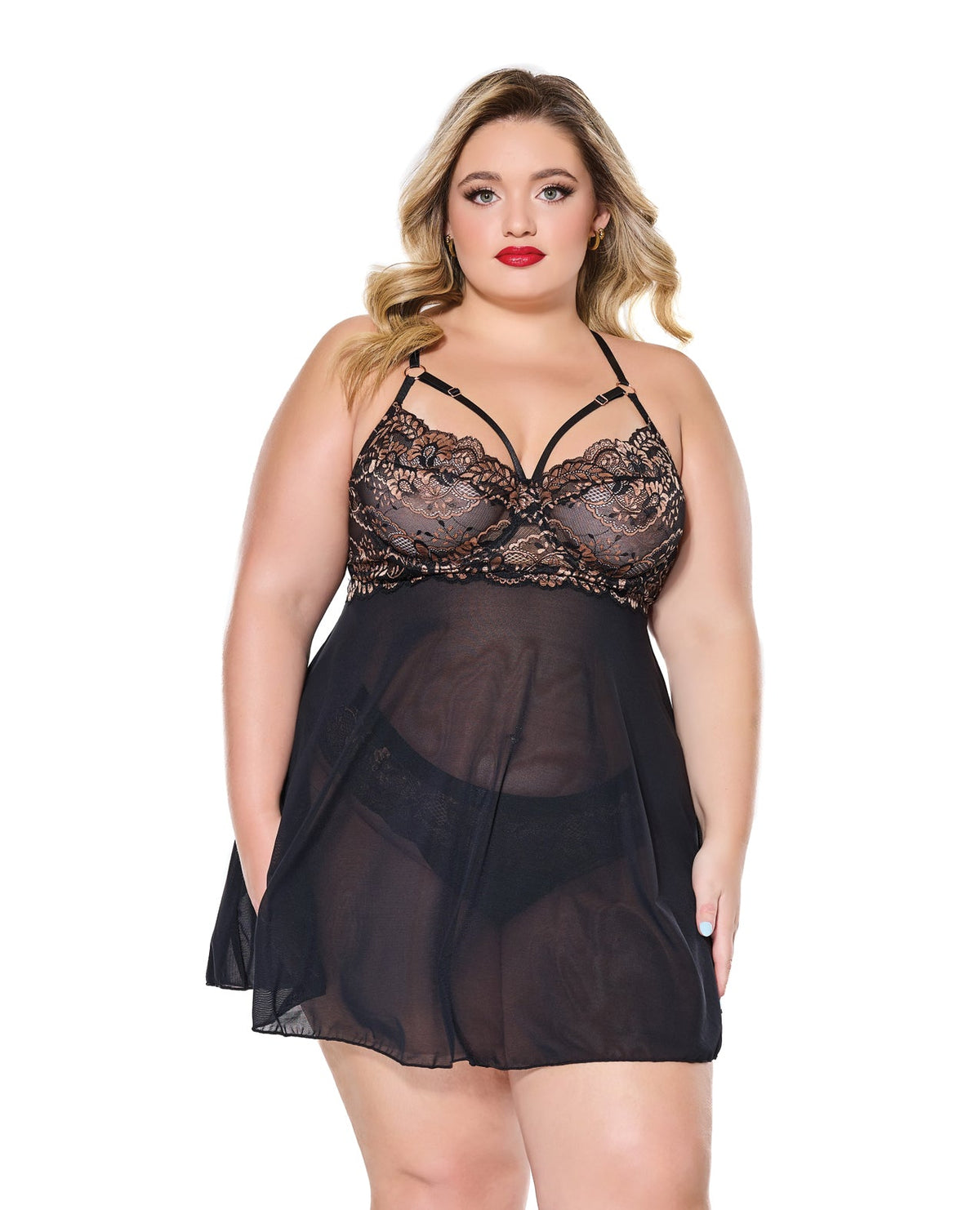 Lace and Mesh Underwire Babydoll with Thong - Black/Rose Gold 1X/2X