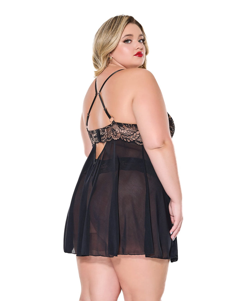 Coquette International Lace and Mesh Underwire Babydoll w/Thong - Black/Rose Gold 1X/2X Lingerie & Costumes