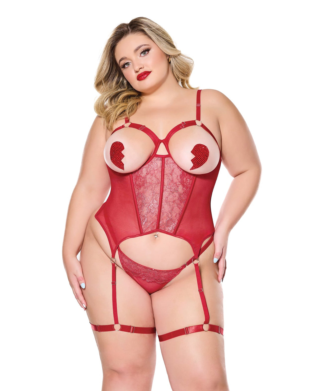 Metallic Stretch Scallop Lace and Mesh Bustier with Thong - Red 1X/2X
