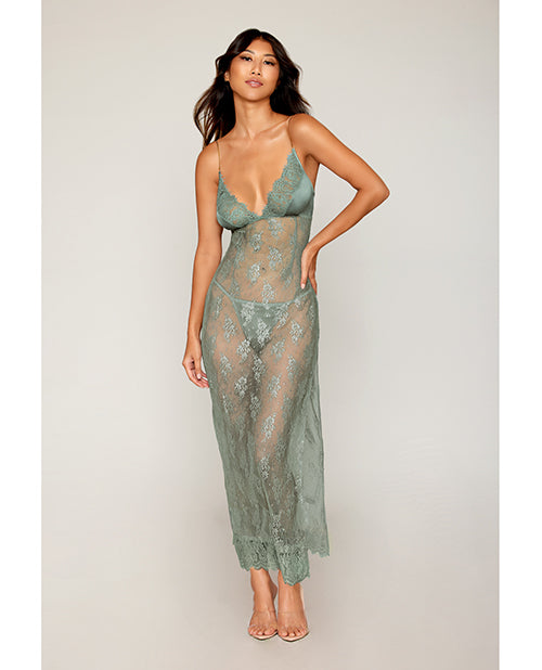 Dreamgirl International Eyelash Lace &amp; Satin Long Chemise w/G-String - Sage Green Large Lingerie &amp; Costumes