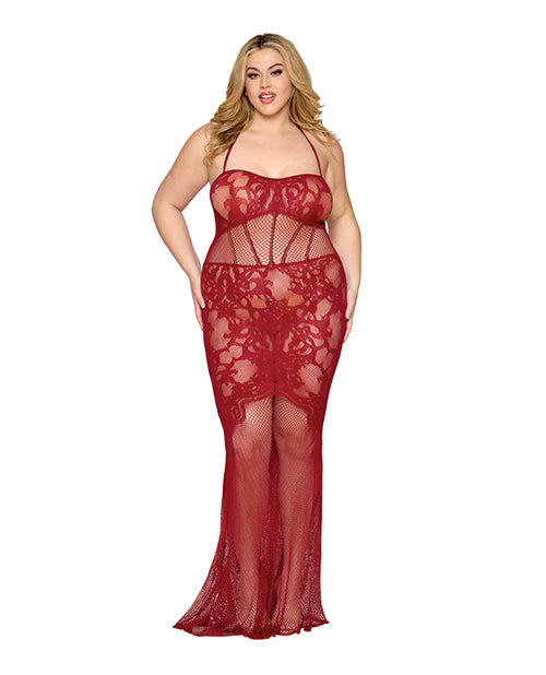 Lace and Mesh Seamless Halter Bodystocking Gown with Rhinestone Details - Ox Blood QN