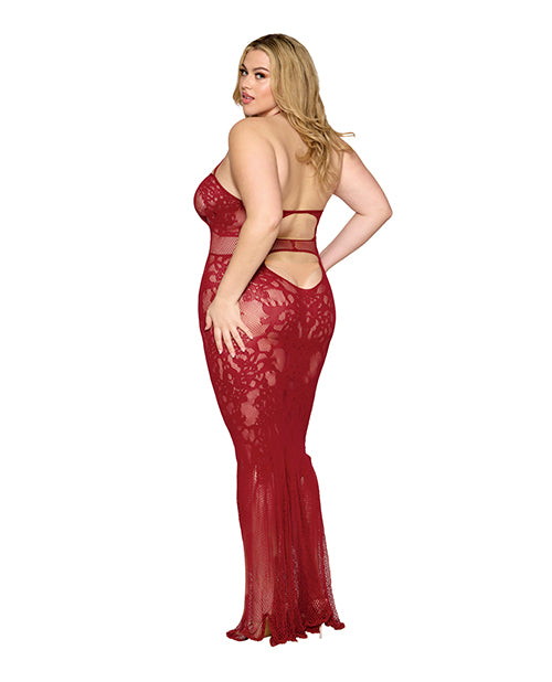 Lace and Mesh Seamless Halter Bodystocking Gown with Rhinestone Details - Ox Blood QN
