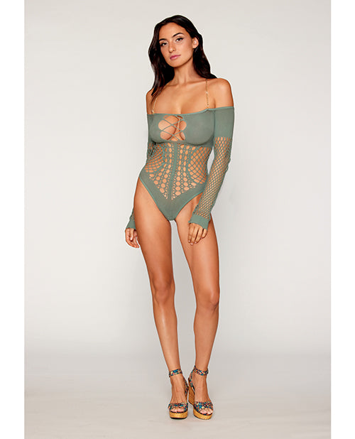 Dreamgirl International Long Sleeve Opaque and Fishnet Seamless Teddy w/Removable Halter Chain - Sage Green O/S Lingerie &amp; Costumes