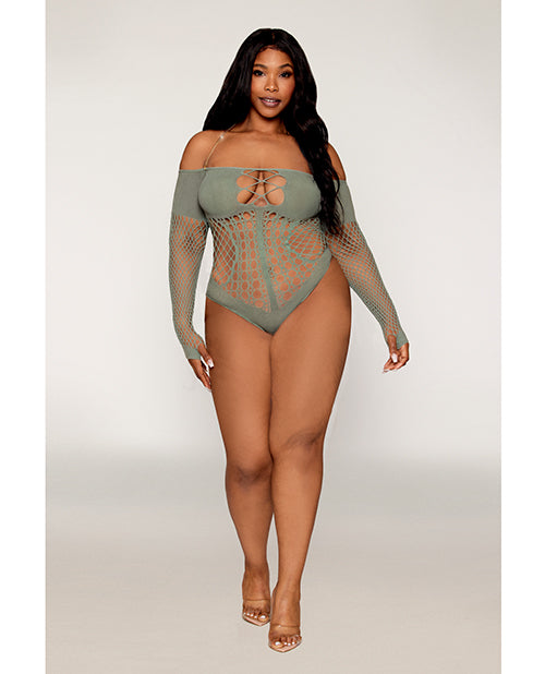 Dreamgirl International Long Sleeve Opaque and Fishnet Seamless Teddy w/Removable Halter Chain - Sage Green QN Lingerie &amp; Costumes