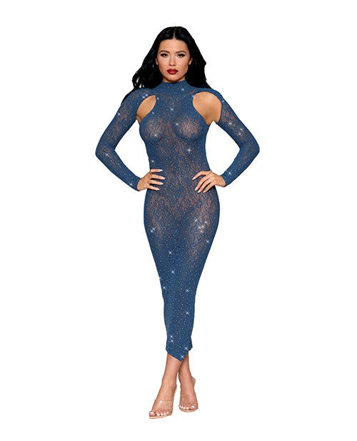Dreamgirl International Long-Sleeved Seamless Open Back Bodystocking Gown w/Rhinestone Detail - Twilight Blue O/S Lingerie &amp; Costumes