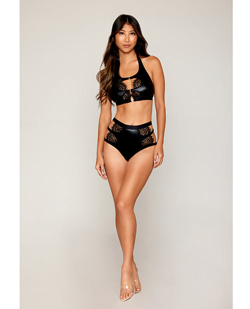 Dreamgirl International Stretch Faux Leather and Eyelash Lace Bralette w/High-Waisted Panty - Black Lingerie &amp; Costumes