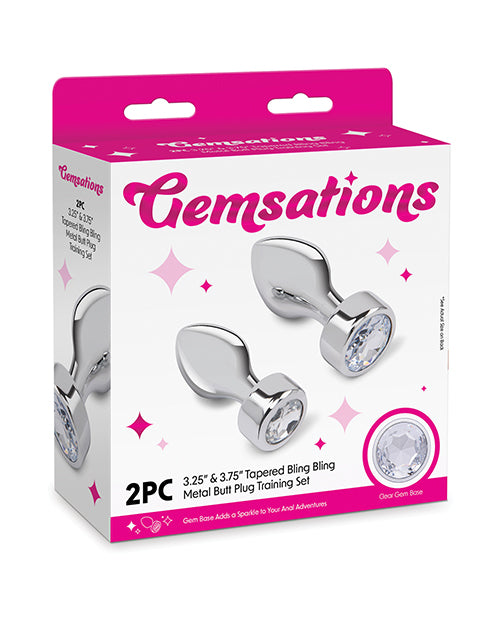 Electric Eel INC Gemsations 2 pc 3.25" &amp; 3.7" Tapered Bling Bling Metal Butt Plug Training Set - Silver Anal Toys