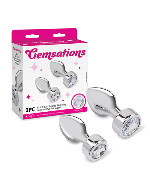 Electric Eel INC Gemsations 2 pc 3.25" &amp; 3.7" Tapered Bling Bling Metal Butt Plug Training Set - Silver Anal Toys