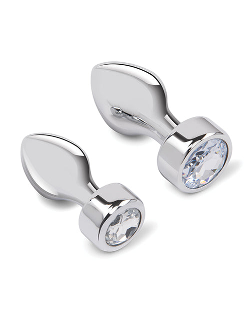 Electric Eel INC Gemsations 2 pc 3.25" &amp; 3.7" Tapered Bling Bling Metal Butt Plug Training Set - Silver Anal Toys