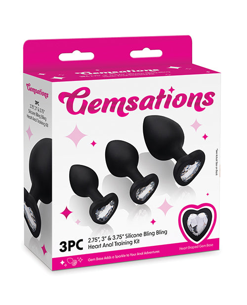 Electric Eel INC Gemsations 3 pc 2.75" & 3.15" & 3.7" Silicone Bling Bling Heart Butt Plug Training Set - Black Anal Toys