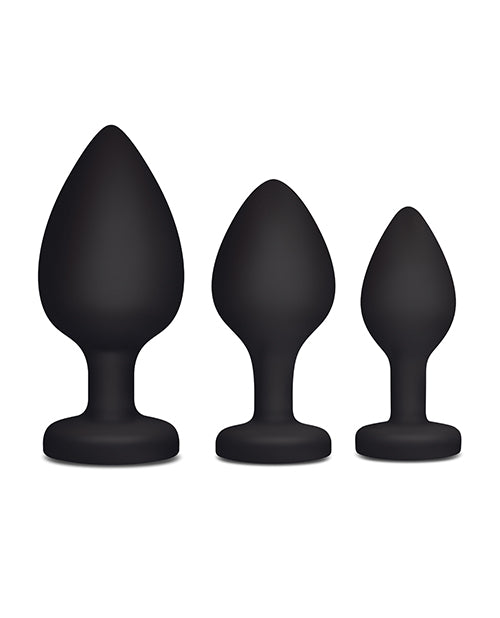 Electric Eel INC Gemsations 3 pc 2.75" & 3.15" & 3.7" Silicone Bling Bling Heart Butt Plug Training Set - Black Anal Toys