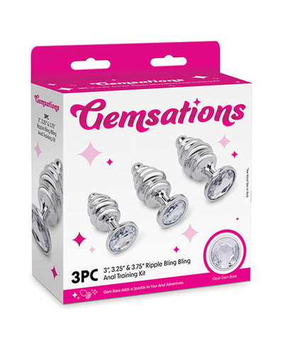 Electric Eel INC Gemsations 3 pc 2.95" & 3.25" & 3.7" Ripple Bling Bling Metal Butt Plug Training Set - Silver Anal Toys