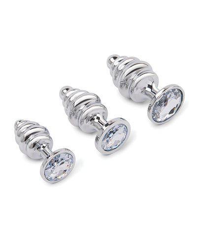 Electric Eel INC Gemsations 3 pc 2.95" & 3.25" & 3.7" Ripple Bling Bling Metal Butt Plug Training Set - Silver Anal Toys