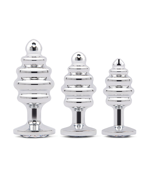 Electric Eel INC Gemsations 3 pc 2.95" &amp; 3.25" &amp; 3.7" Ripple Bling Bling Metal Butt Plug Training Set - Silver Anal Toys