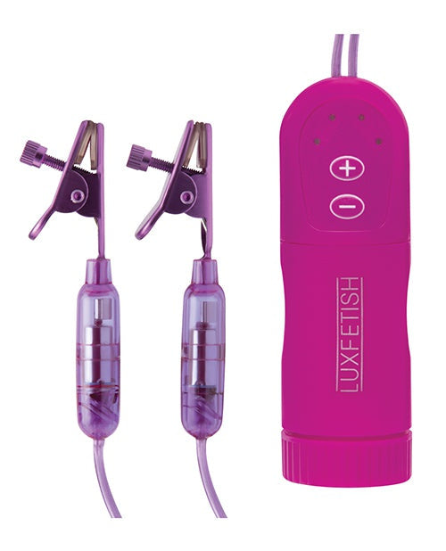 Electric Eel INC Lux Fetish Vibrating Nipple Clamps w/Wired Remote Control - Pink/Purple Kink & BDSM