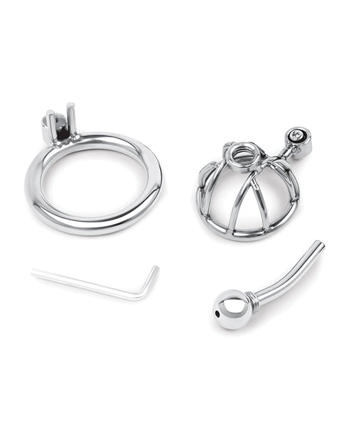 Electric Eel Lockmaster Stainless Steel Inverted Micro Chastity Cage with Urethral Straw - Silver Kink &amp; BDSM