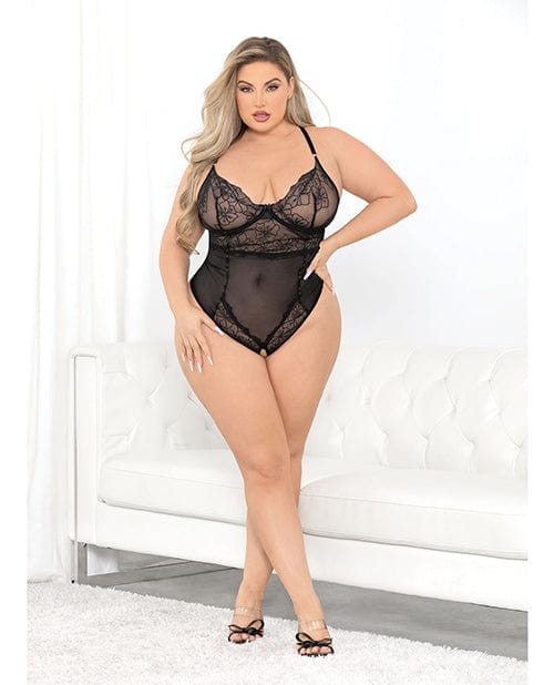 Escante INC Raised Embroidery Open Crotch Teddy Black 1x Lingerie &amp; Costumes