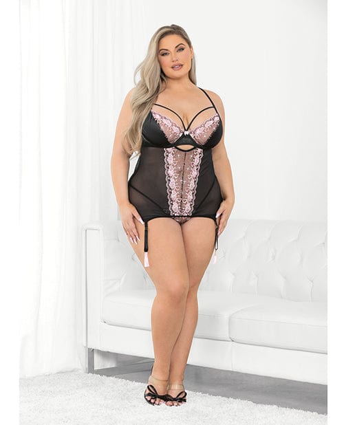Embroidered Hearts Lace & Mesh Bustier Black / pink