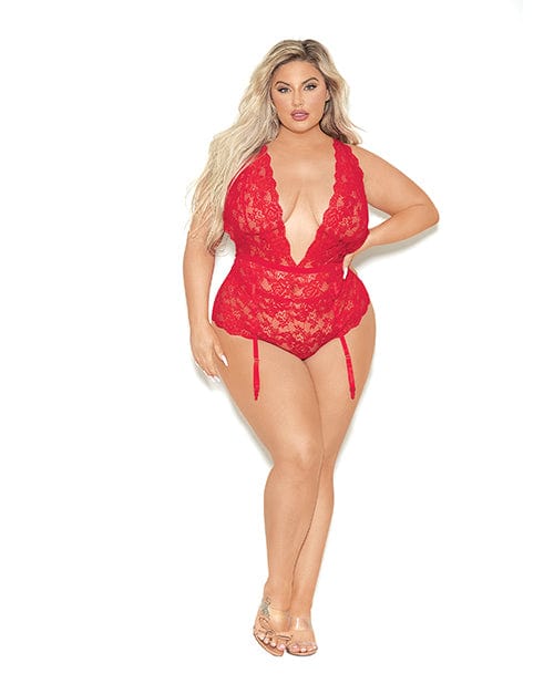 Escante Euphoria Deep V Lace Teddiette W/open Crotch &amp; Butt Red Qn Lingerie &amp; Costumes