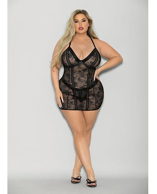 Escante Flame Fetish Boss Lady Lace Up Back Chemise &amp; Wide Band Thong Black 1x/2x Lingerie &amp; Costumes