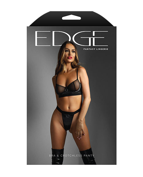Fantasy Lingerie Edge Quilted Wetlook and Mesh Underwire Bra w/ Crotchless Panty - Black Lingerie &amp; Costumes