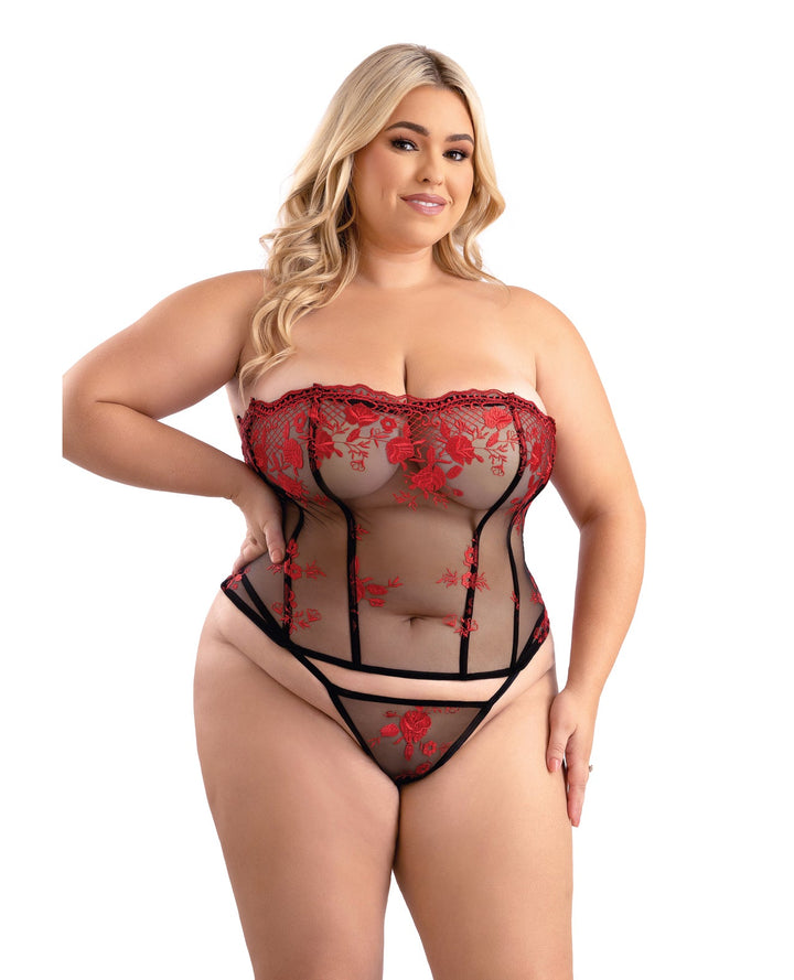 Fantasy Lingerie Floral Embroidered Mesh Corset w/G-String - Red/Black 1X/2X Lingerie &amp; Costumes