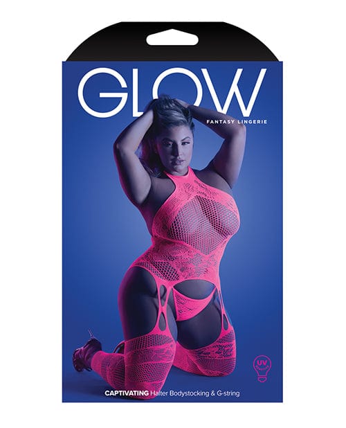 Fantasy Lingerie Glow Captivating Halter Bodystocking &amp; G-string Neon Pink Lingerie &amp; Costumes
