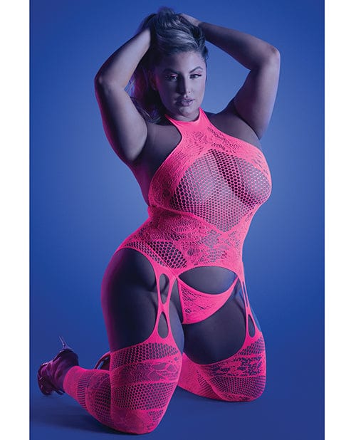 Fantasy Lingerie Glow Captivating Halter Bodystocking &amp; G-string Neon Pink Queen Lingerie &amp; Costumes