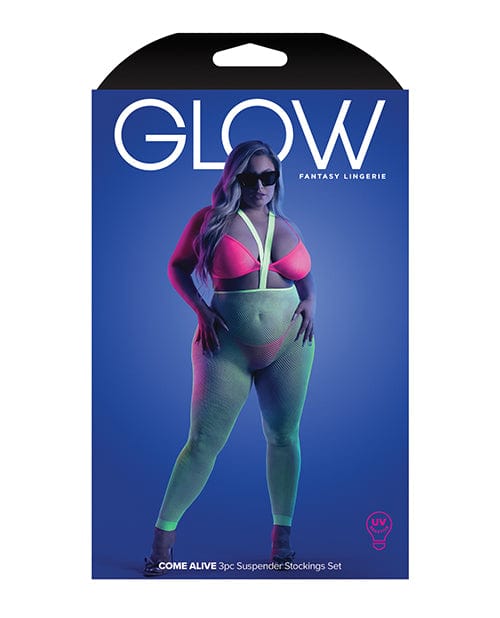 Fantasy Lingerie Glow Come Alive Suspender Stockings, Bralette &amp; G-string Multi Color Lingerie &amp; Costumes