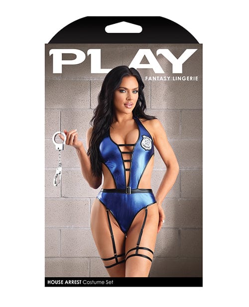Fantasy Lingerie Play House Arrest Cut-out Halter Teddy W/removable Leg Garters &amp; Handcuffs Blue Lingerie &amp; Costumes