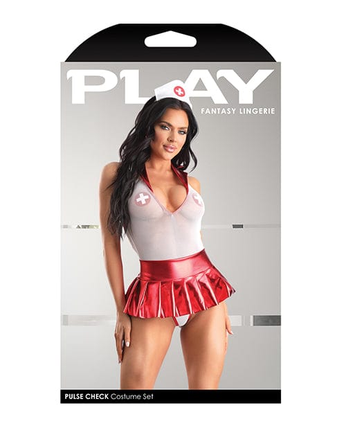 Fantasy Lingerie Play Pulse Check Collared Teddy W/open Back, Pleated Skirt, Medic Hat &amp; Pasties Red/white Lingerie &amp; Costumes