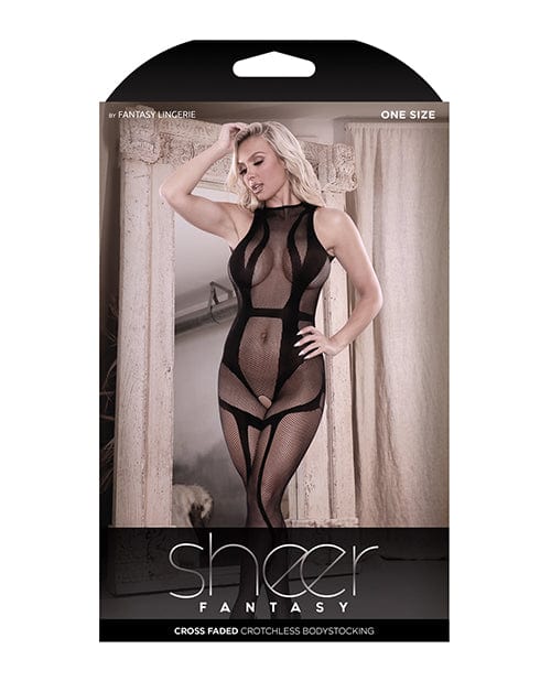 Fantasy Lingerie Sheer Cross Faded High Neck Crotchless Bodystocking Black O/s Lingerie &amp; Costumes