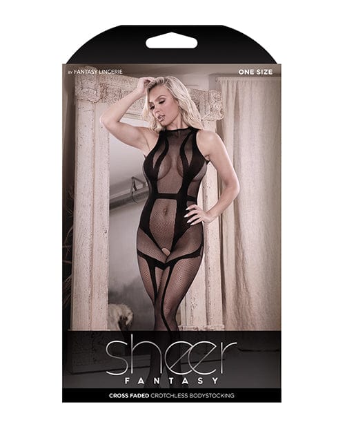 Fantasy Lingerie Sheer Cross Faded High Neck Crotchless Bodystocking Black O/s Lingerie & Costumes