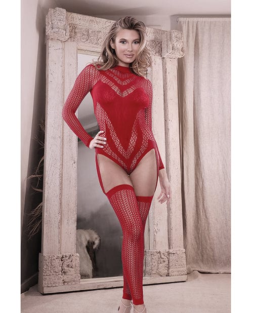 Fantasy Lingerie Sheer Infatuation Long Sleeve Teddy W/attached Footless Stockings Red O/s Lingerie &amp; Costumes