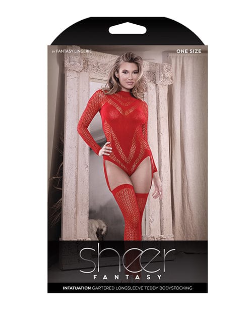 Fantasy Lingerie Sheer Infatuation Long Sleeve Teddy W/attached Footless Stockings Red O/s Lingerie &amp; Costumes