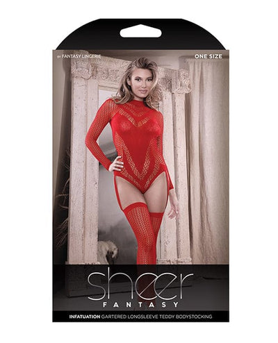 Fantasy Lingerie Sheer Infatuation Long Sleeve Teddy W/attached Footless Stockings Red O/s Lingerie & Costumes