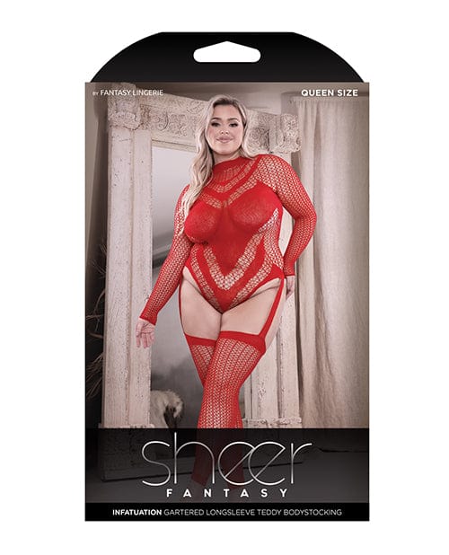 Fantasy Lingerie Sheer Infatuation Long Sleeve Teddy W/attached Footless Stockings Red Qn Lingerie & Costumes