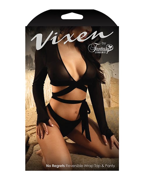 Fantasy Lingerie Vixen No Regrets Mesh Long Sleeve Wrap Top & Thong Black Lingerie & Costumes