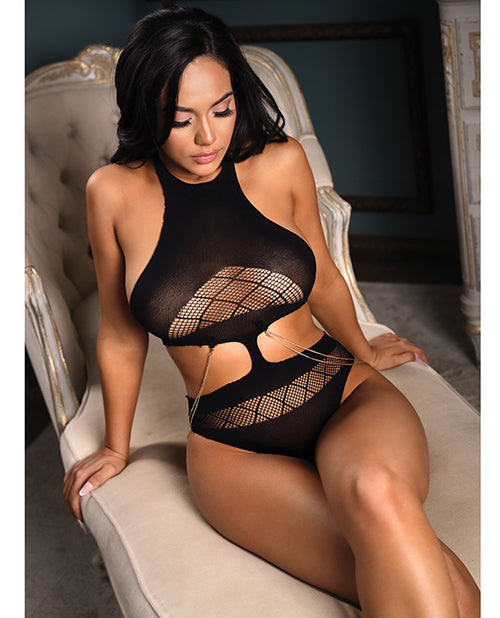 Fantasy Lingerie Vixen Nothing On You Seamless Cut-Out Teddy w/Removable Chain Accents - Black O/S Lingerie & Costumes