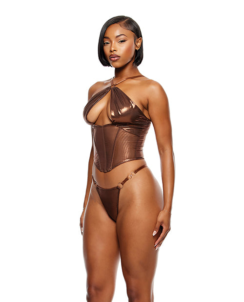 Liquid Metal Metallic Mesh Bustier with G-String 2 pc Set - Metallic Copper