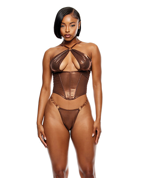 Forplay INC Liquid Metal Metallic Mesh Bustier w/G-String 2 pc Set - Metallic Copper Large Lingerie & Costumes