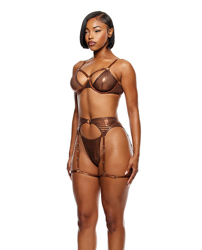 Forplay INC Liquid Metal Metallic Mesh Underwire Bra w/Garter Belt & G-String 3 pc Set - Metallic Copper Lingerie & Costumes