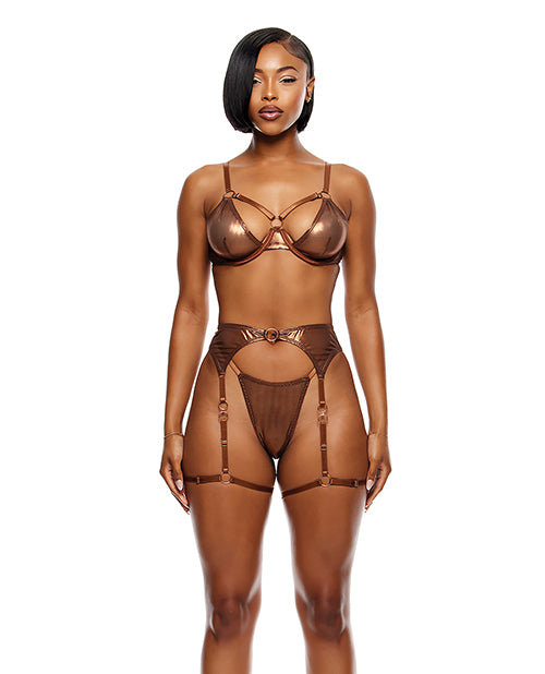 Forplay INC Liquid Metal Metallic Mesh Underwire Bra w/Garter Belt &amp; G-String 3 pc Set - Metallic Copper Large Lingerie &amp; Costumes