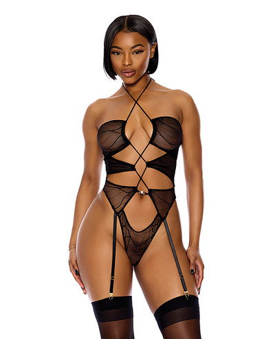 Forplay INC Pull My Strings Sheer Mesh Halterneck Teddy - Black Lingerie & Costumes