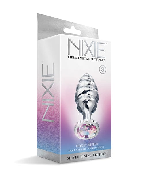 Global Novelties LLC Nixie Honey Dipper Ribbed Metal Rainbow Jeweled Butt Plug Anal Toys